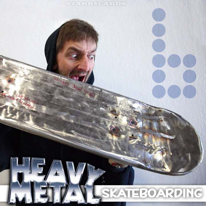 Aaron Kyro of Braille Skateboarding reacts to his metal skateboard