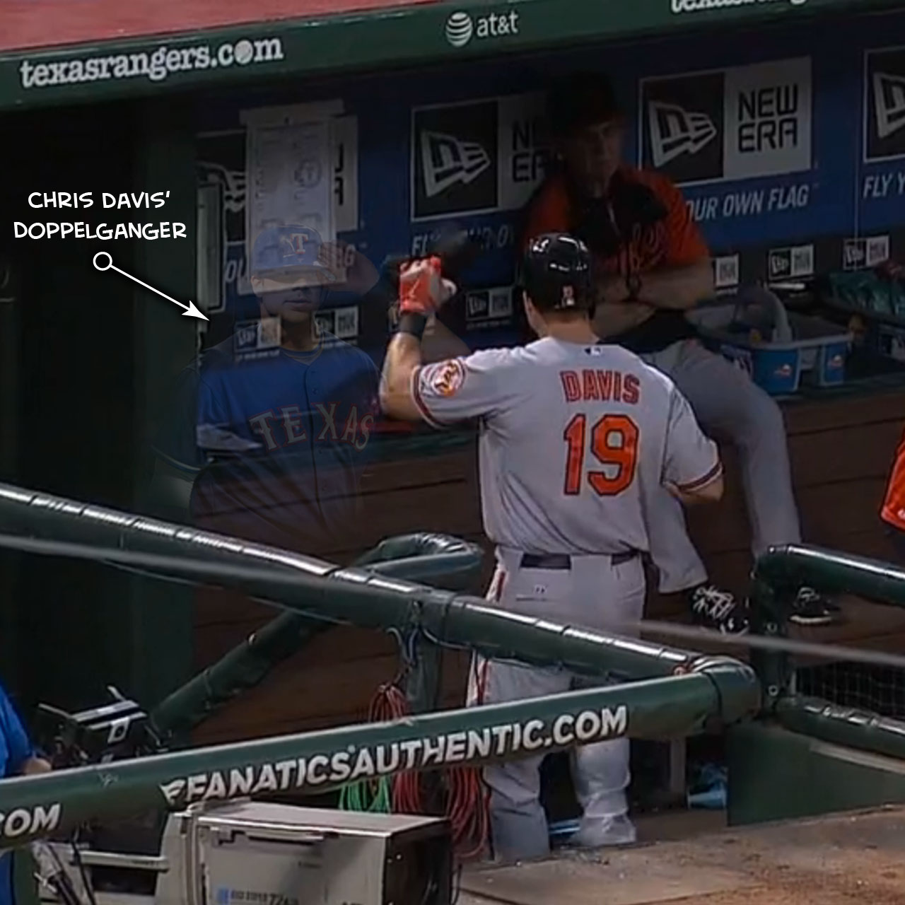Chris Davis greeted by ghostly Chris Davis in dugout.