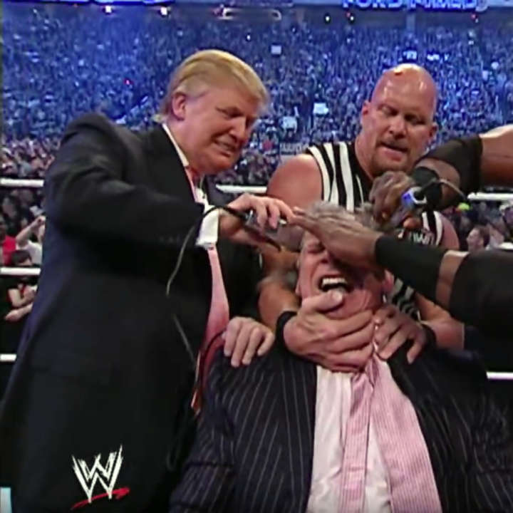 Donald Trump shaves Vince McMahon's head at WrestleMania 23 Battle of the Billionaires