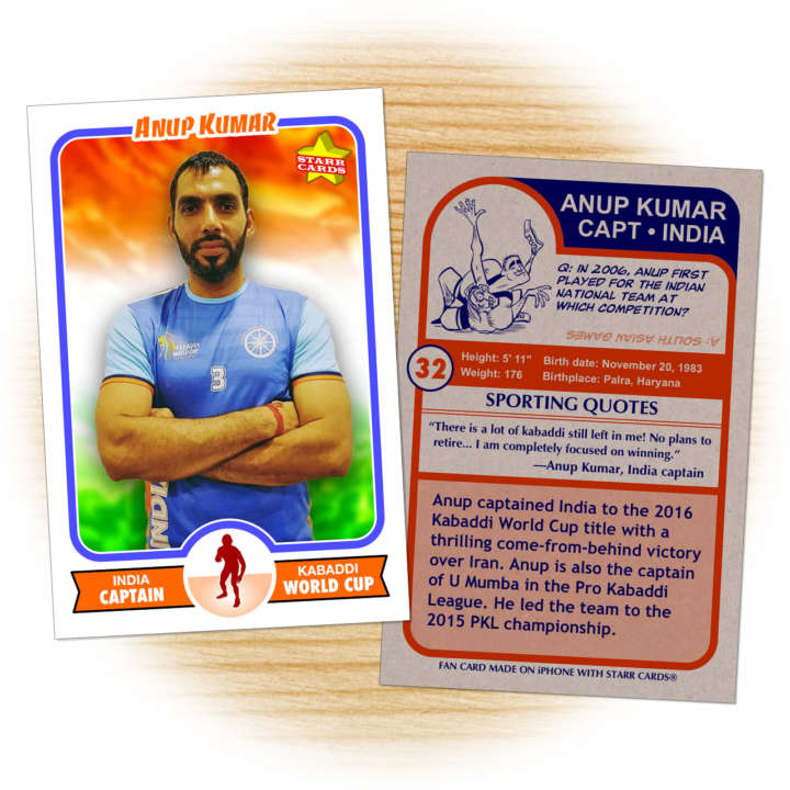 Fan card of Anup Kumar, captain of India's national kabaddi team