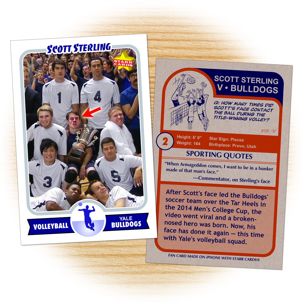 Fan card of Scott Sterling for Yale Bulldogs' volleyball team