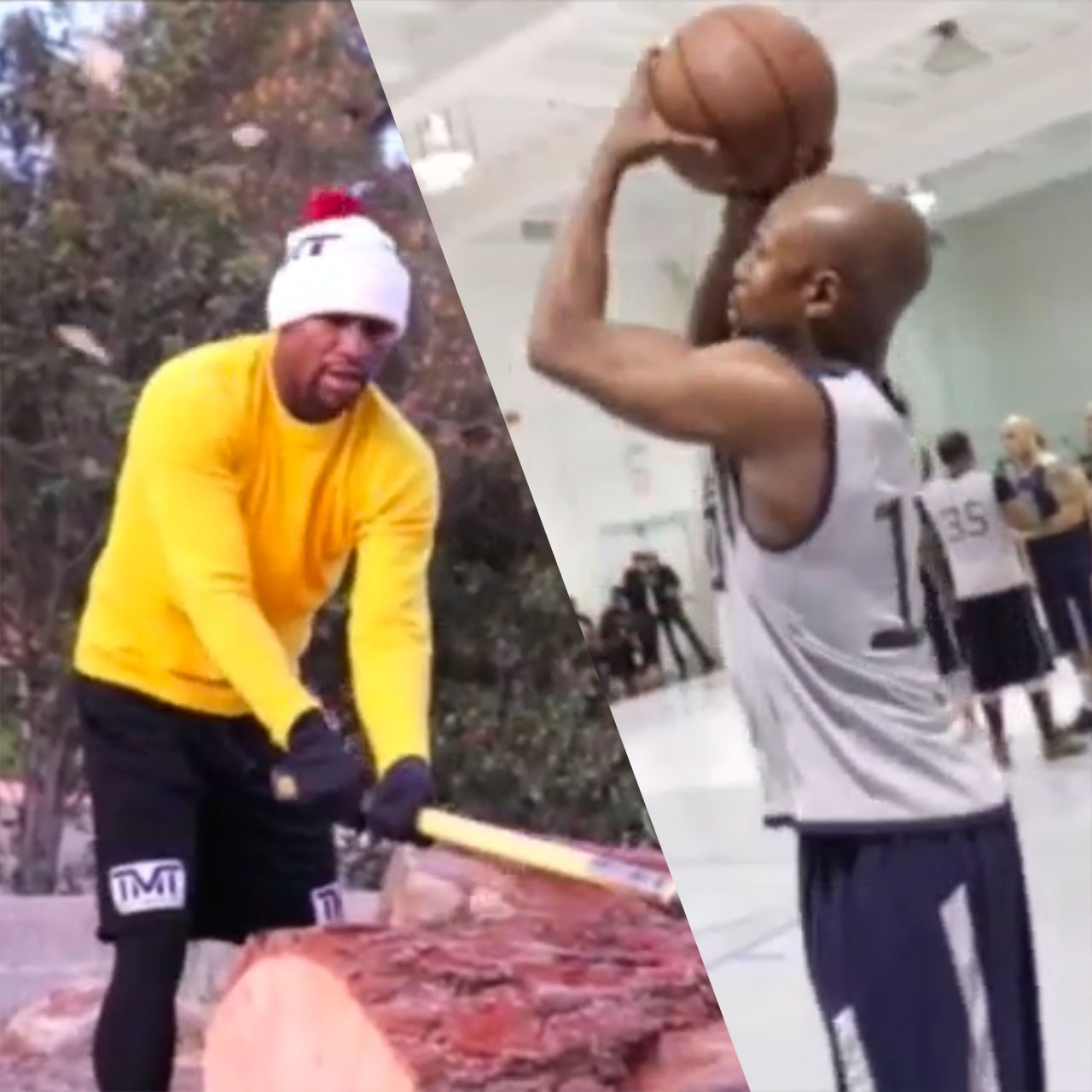 Flyod Mayweather training camp includes chopping wood and basketball
