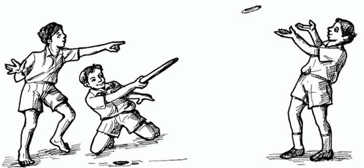 Illustration of schoolboys playing gilli danda (tip-cat)