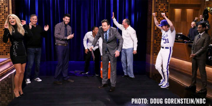 Jimmy Fallon drenched by Salvador Perez on 'Tonight Show'