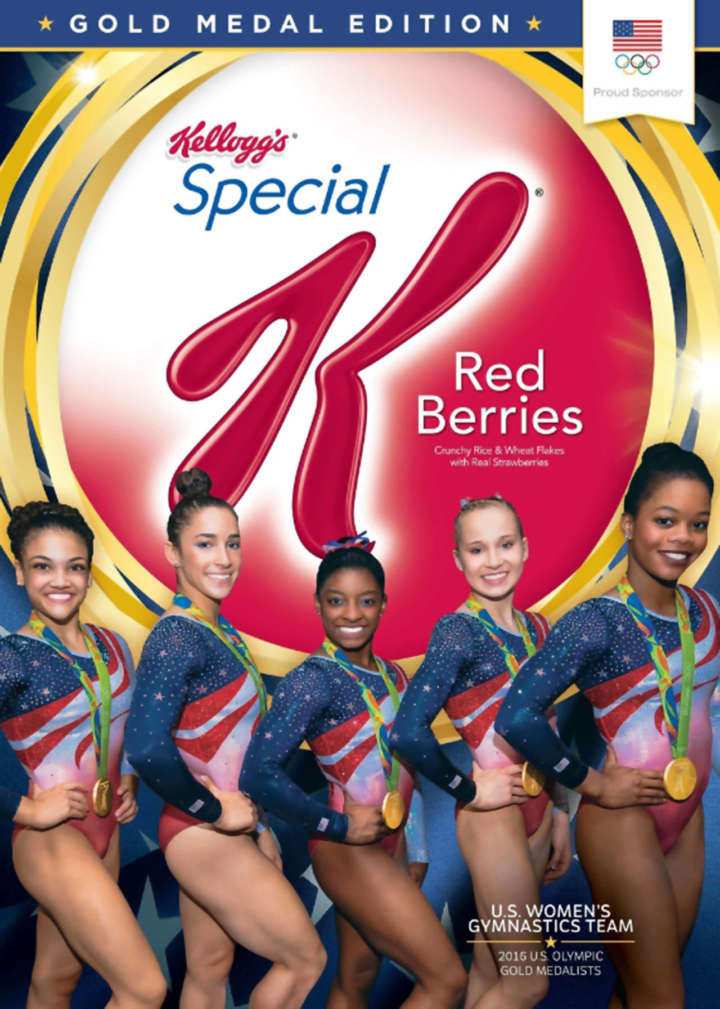 Kellogg's Special K cereal box featuring Laurie Hernandez, Aly Raisman, Simone Biles, Madison Kocian, and Gabby Douglas