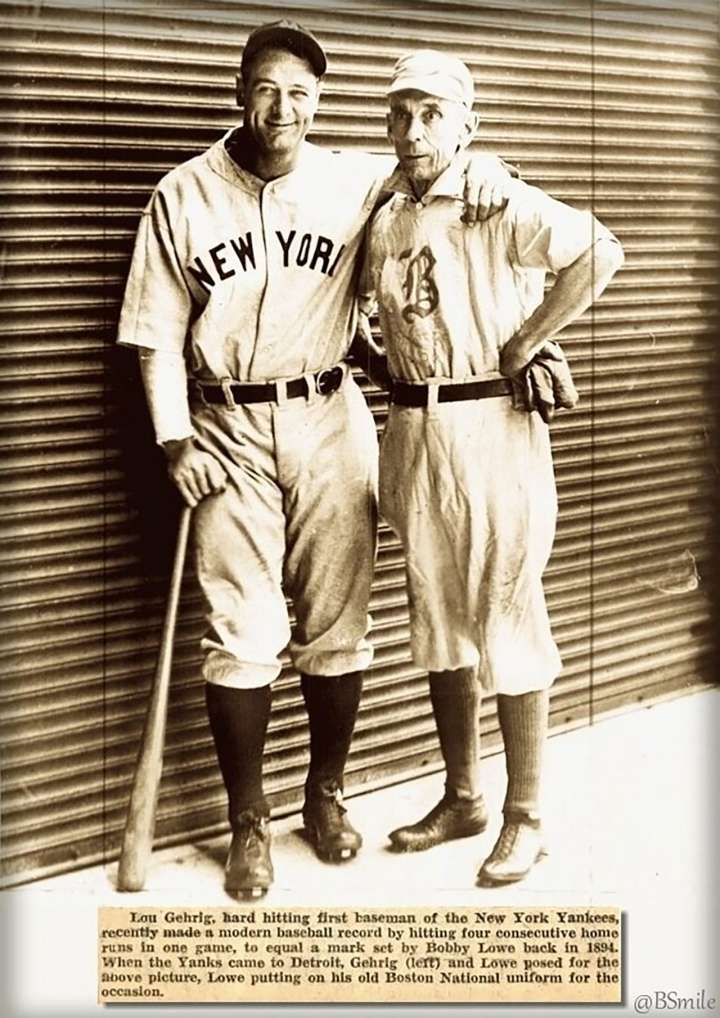 Longtime Boston Beaneaters second baseman Bobby Lowe poses with NY Yankees star Lou Gehrig