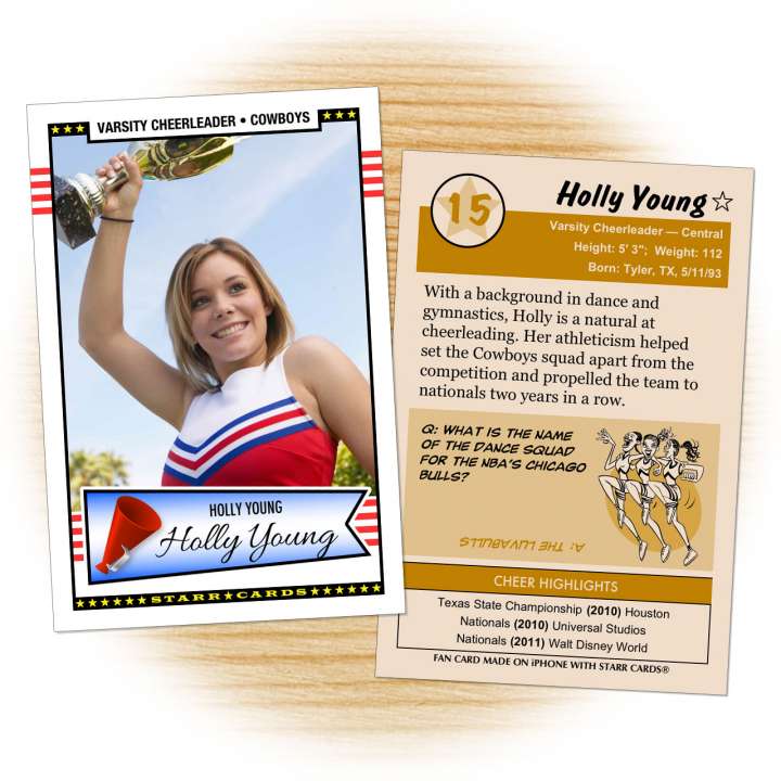 Cheerleader card template from Starr Cards Cheerleader Card Maker.