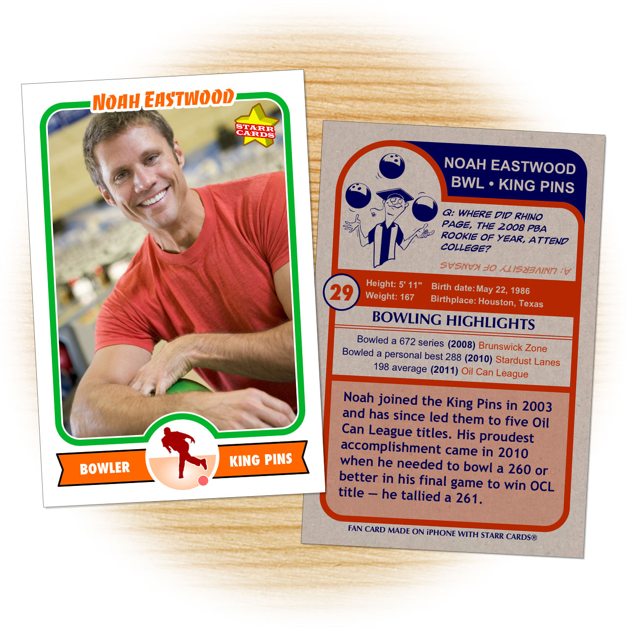 Bowling card template from Starr Cards Bowling Card Maker.
