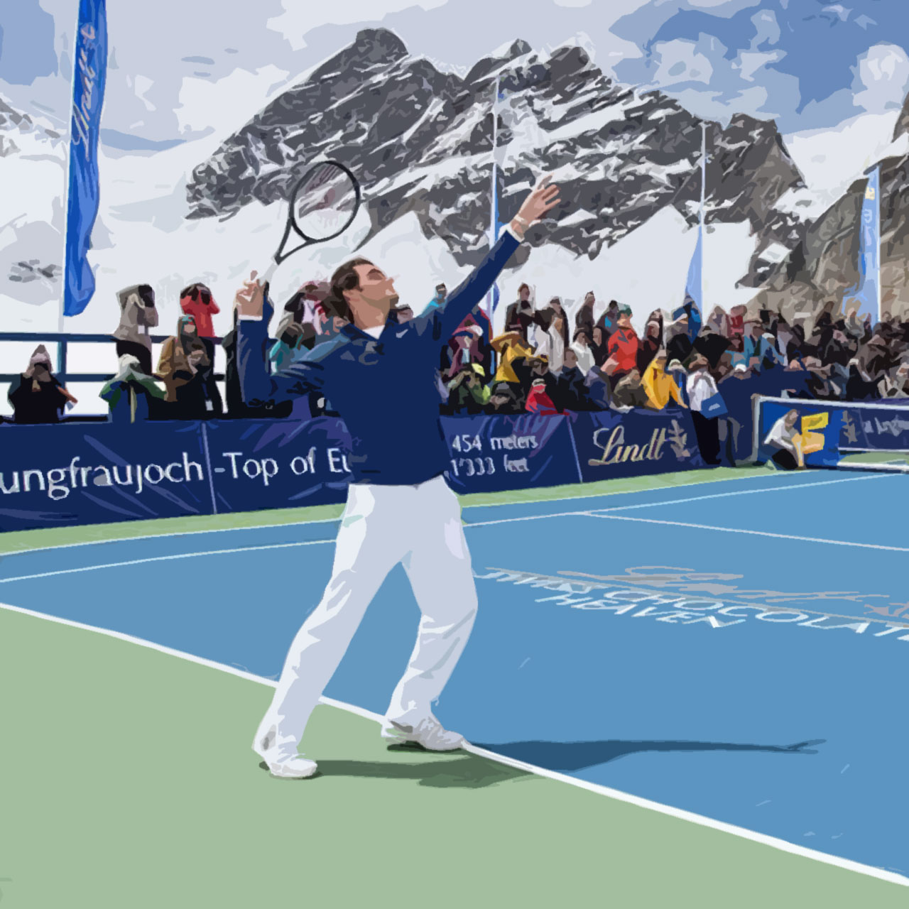 Roger Federer serves against Lindsey Vonn in the Swiss Alps