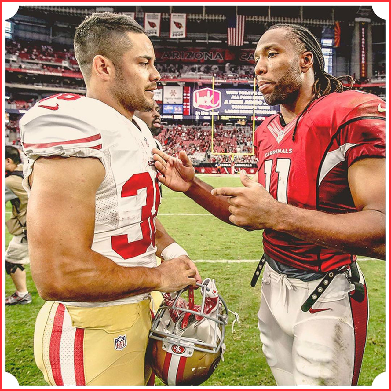 SF 49ers' Jarryd Hayne listens to some friendly advice after Arizona Cardinals game