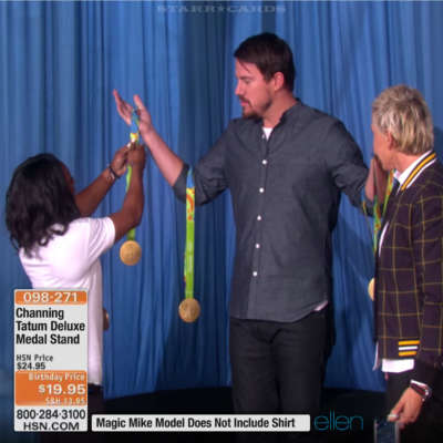 Simon Biles tries out her new Channing Tatum medal stand on 'The Ellen Degeneres Show'