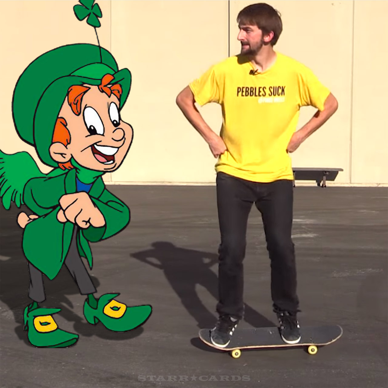 Skateboarding trick with Lucky the Leprechaun