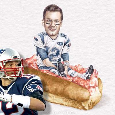 Tom Brady gets ready to throw a football in front of Tom Brady sitting on a sandwich