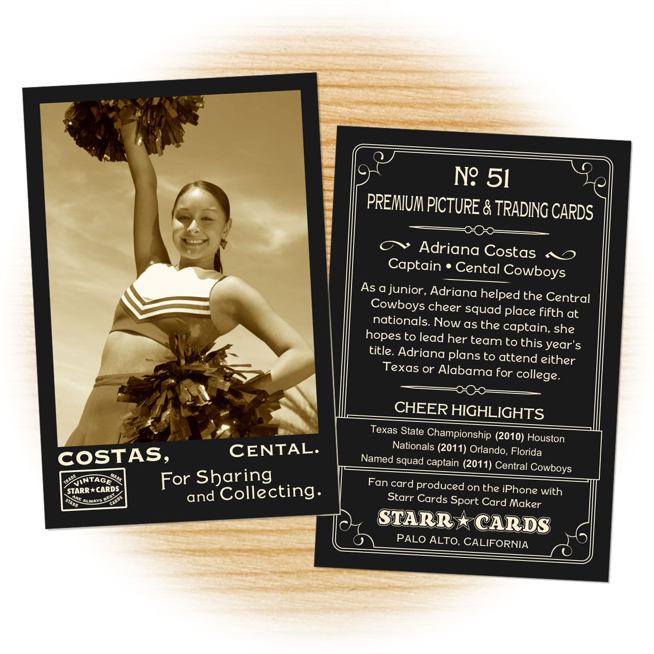 Cheerleader card template from Starr Cards Cheerleader Card Maker.