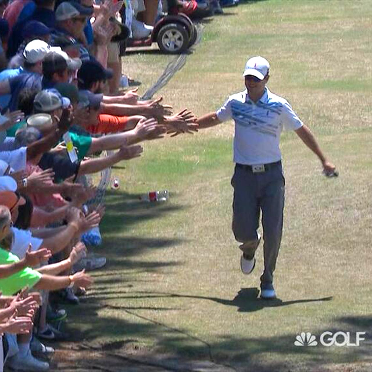 Zach Johnson collects high fives after hitting a hole-in-one.