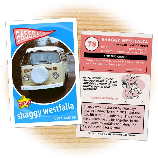 Baseball Card for Shaggy Westfalia: Blue Jay pitcher Daniel Norris' beloved VW camper.