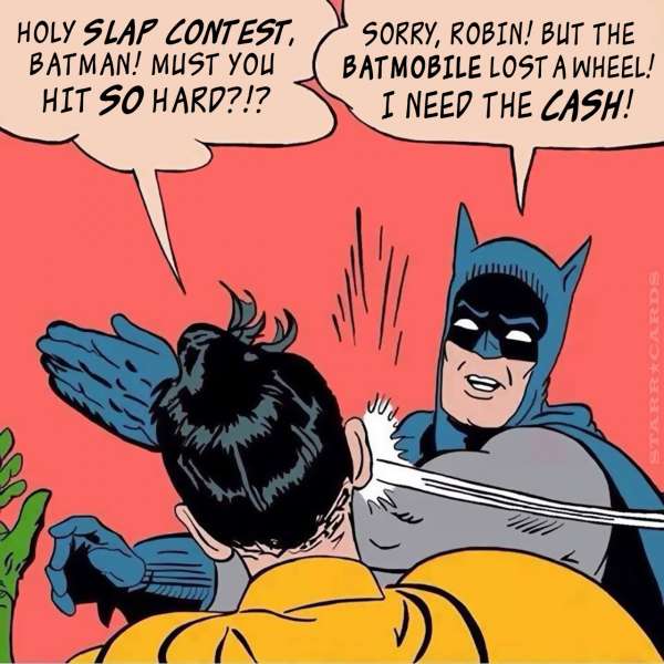 Batman slaps Robin across the cheek to win prize at slap contest