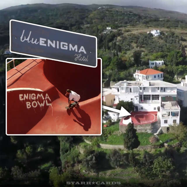 Brad McClain skates the bowl at the Blu Enigma Hotel in Greece