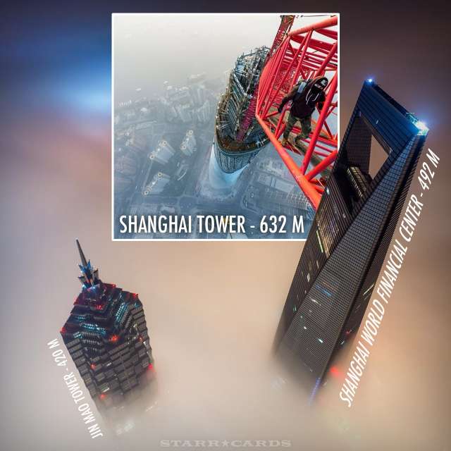 Climbing Shanghai Tower above Jin Mao Tower and Shanghai World Financial Center