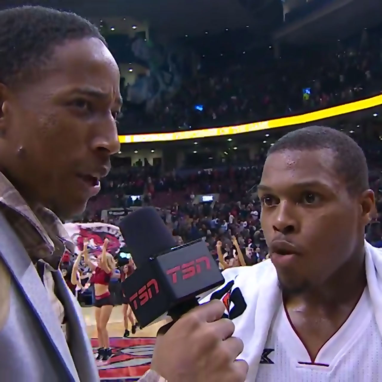 DeMar DeRozan conducts post-game interview with Kyle Lowry