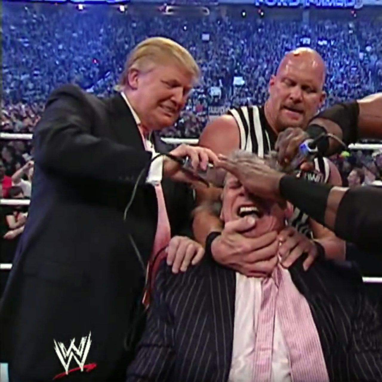 Donald Trump shaves Vince McMahon's head at WrestleMania 23