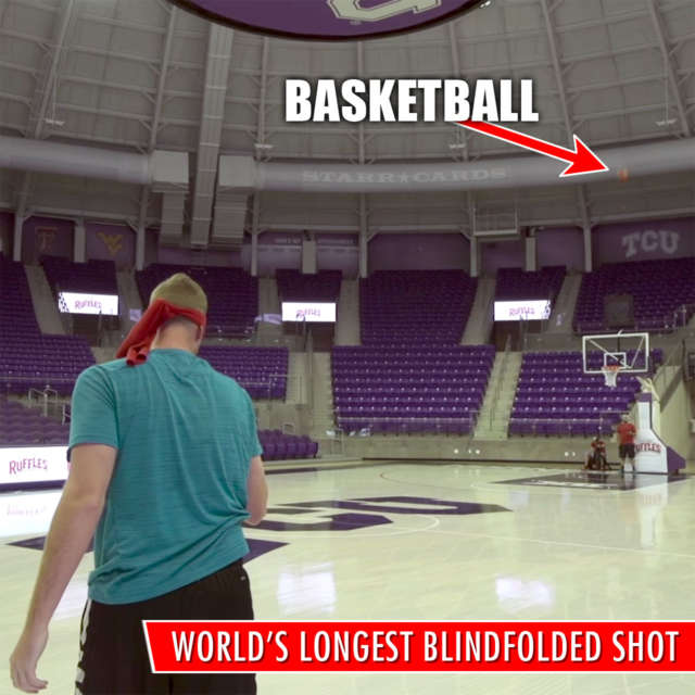 Dude Perfect Guinness World Record: Longest blindfolded basketball shot