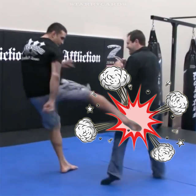 Fabricio Werdum demonstrates leg kick on MMA reporter Aaron Tru