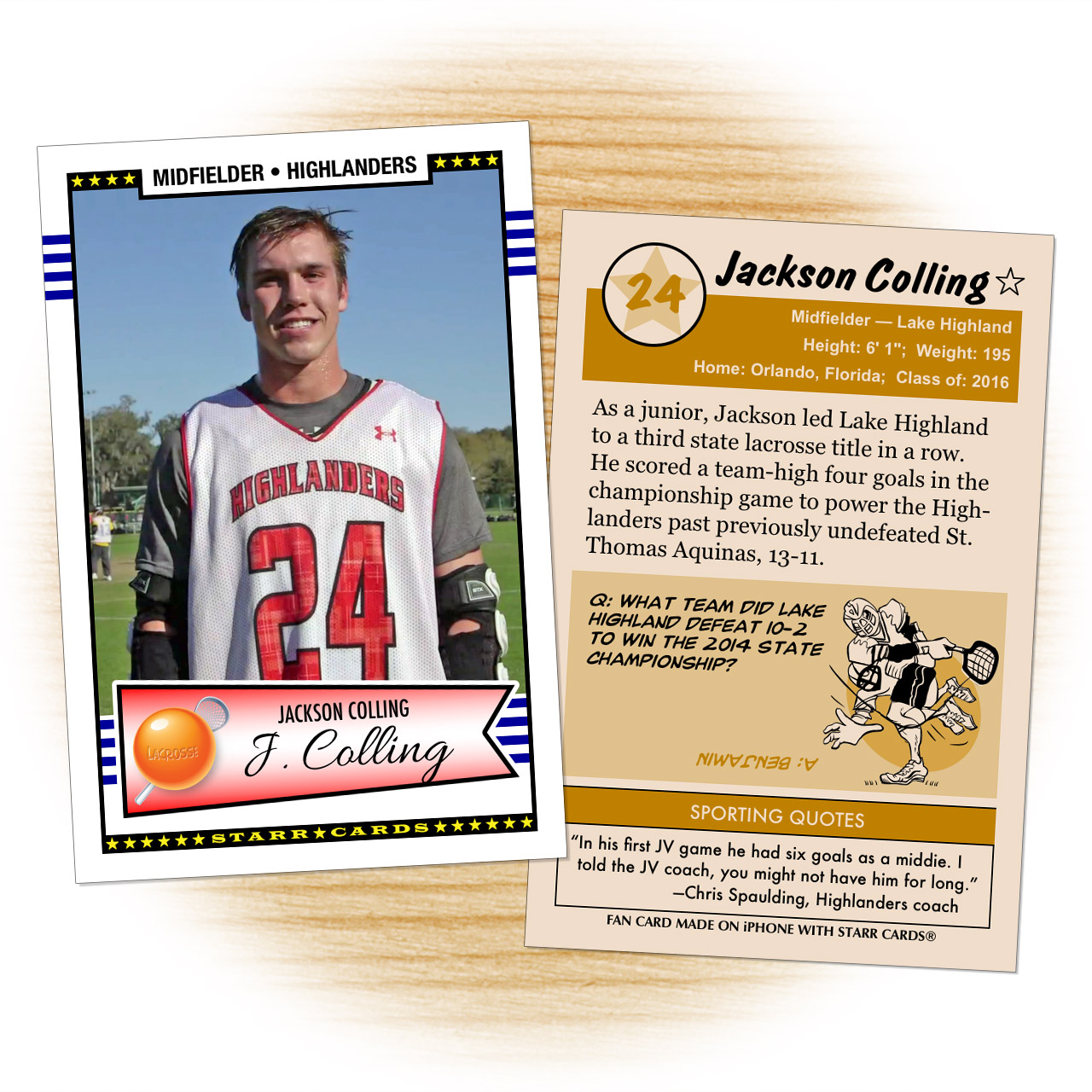 Fan card of Lake Highland Highlanders lacrosse midfielder Jackson Colling