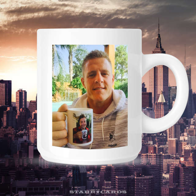 Mug of J.J. Watt holding mug of Jimmy Fallon holding mug of Justin Timberlake holding mug of Jimmy Fallon