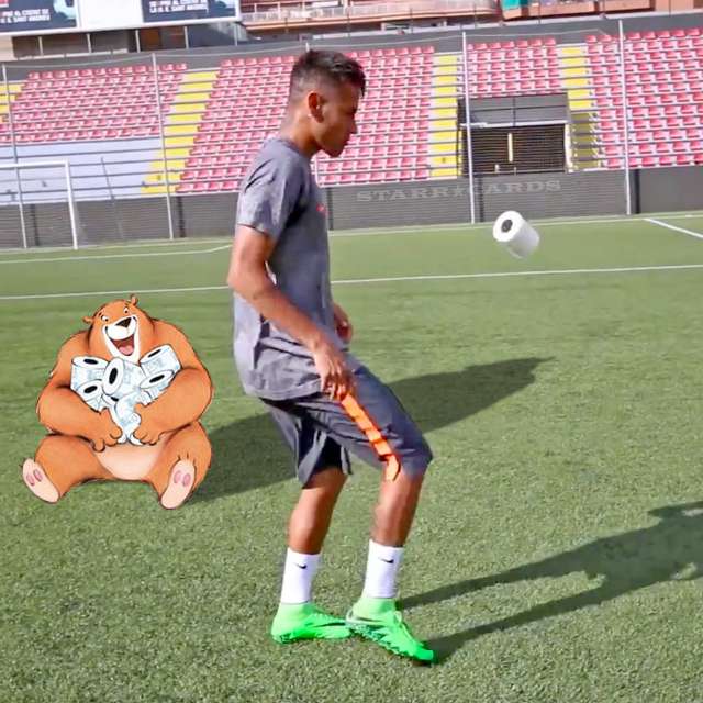 Neymar Jr. juggles a toilet paper roll as Charmin Mama Bear looks on