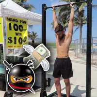 Ninja warrior Lucas Gomes tries to hang for 100 seconds to win 100 dollars