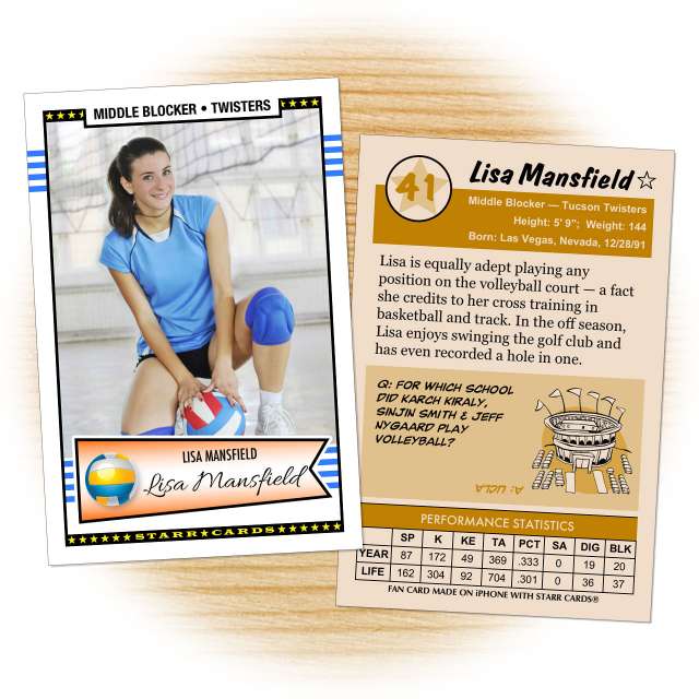 Volleyball card template from Starr Cards Volleyball Card Maker.