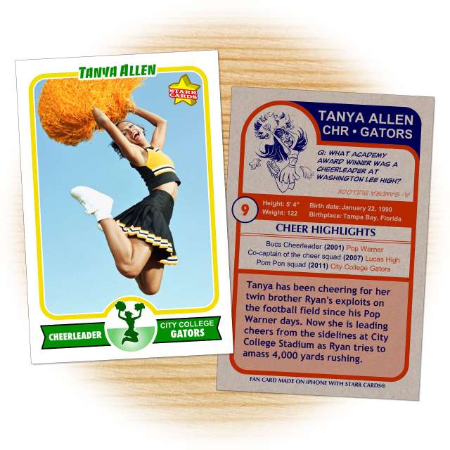 Cheerleader card template from Starr Cards Cheerleader Card Maker.