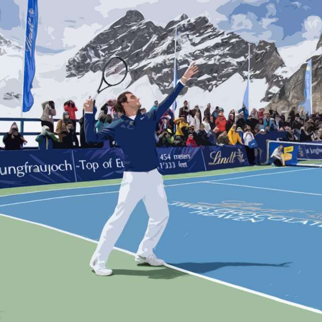 Roger Federer serves against Lindsey Vonn in the Swiss Alps