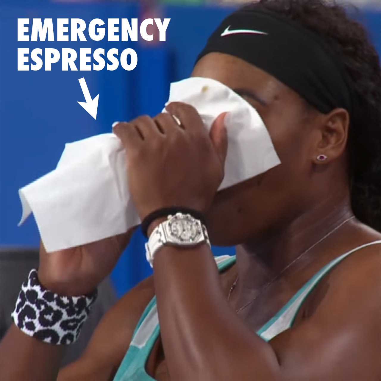 Serena Williams downs an espresso coffee between sets in Perth, Australia