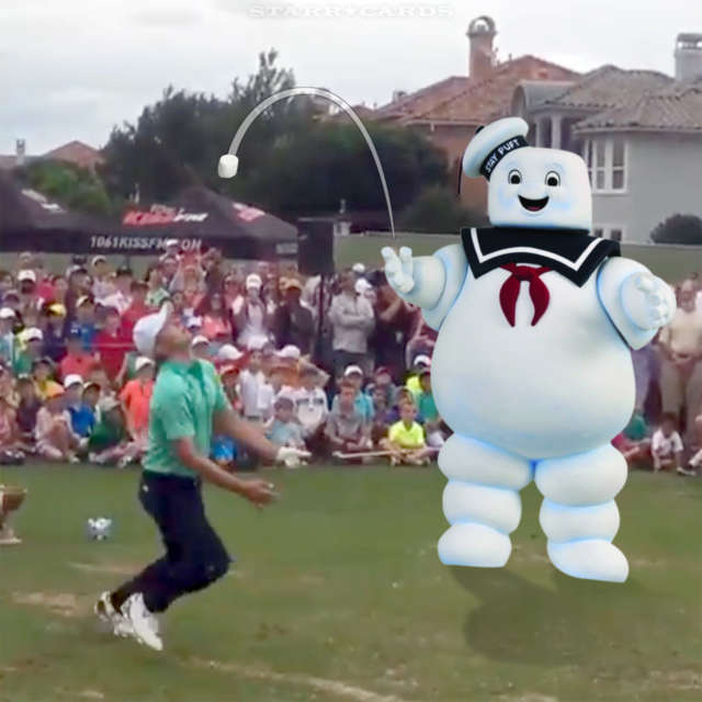 Stay Puft Marshmallow Man assists Jordan Spieth on a golf trick shot