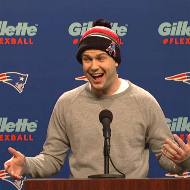 Taran Killam as Patriots QB Tom Brady tackles deflategate.