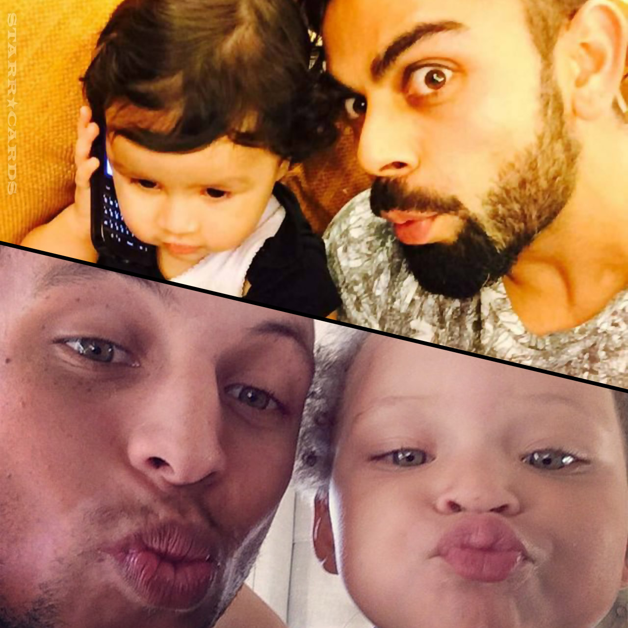 Virat Kohli posing with Zina Dhoni and Steph Curry posing with Riley Curry
