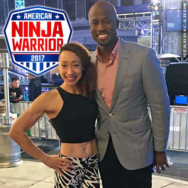 Zhanique Lovett poses with Akbar Gbaja-Biamila on set of 'American Ninja Warrior'