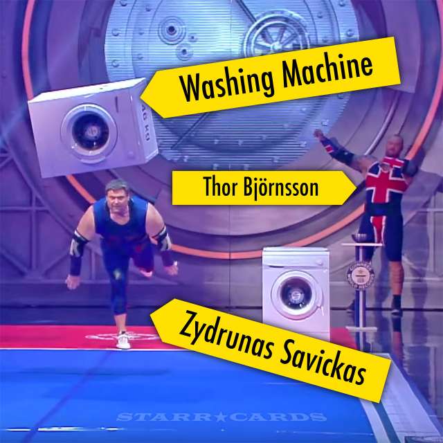 Zydrunas Savickas hurls washing machine as Thor Björnsson looks on